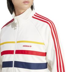 Sport Leaf First Track Jacket - Mens Retro White Outerwear With Ribbed Cuffs, White Adidas Logo Long Sleeve Outerwear, White College Track Jacket, White Long Sleeve Track Jacket With Adidas Logo, White Sporty Track Jacket With Contrast Stripes, Sporty White Track Jacket With Contrast Stripes, White Track Jacket With Contrast Stripes For Winter, White Long Sleeve Adidas Track Jacket, Sporty White Outerwear With Contrast Stripes