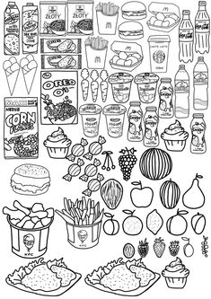 a black and white drawing of food items