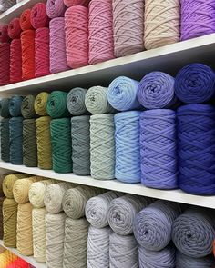 rows of spools of different colors of yarn on shelves in a store or office