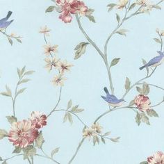 a blue wallpaper with flowers and birds on the top one is painted in pastel colors