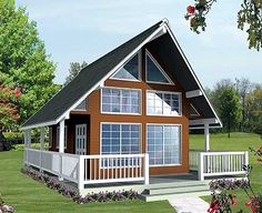 this is a computer rendering of a small cabin style house with porches and windows