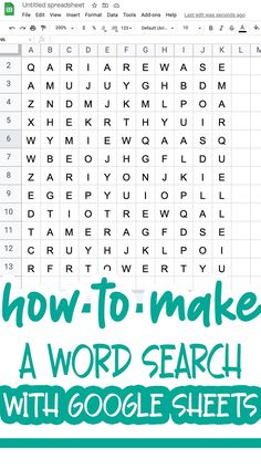 the word search is shown in green and white with words below it that spell out how to make a word search with google sheets