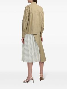 3.1 Phillip Lim Layered long-sleeved Midi Dress - Farfetch Khaki Long Sleeve Midi Dress For Spring, Long Sleeve Khaki Midi Dress For Spring, Chic Outerwear With Asymmetrical Hem For Spring, Chic Spring Outerwear With Asymmetrical Hem, Cotton Long Sleeve Midi Dress For Office, Long Sleeve Cotton Midi Dress For Office, Spring Workwear Midi Dress With Asymmetrical Skirt, Fall Asymmetrical Workwear Dresses, Asymmetrical Skirt Dress For Fall Workwear