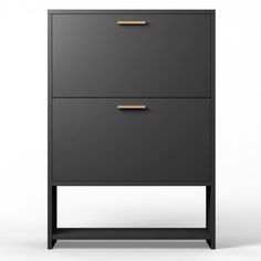 a black and gold dresser with two drawers on the bottom, in front of a white background