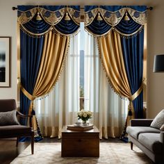 a living room filled with furniture and curtains