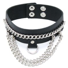 Wide Leather Multi-Chain Choker w/D-Ring #N16015DCC Punk Leather Jewelry For Concerts, Edgy Leather Jewelry For Concerts, Edgy Leather Choker Jewelry, Edgy Leather Choker, Edgy Adjustable Chain Choker, Adjustable Edgy Leather Choker, Adjustable Punk Style Chain Choker, Leather Silver Jewelry For Concert, Alt Choker