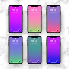 six iphones with different color options on them, all showing the same screen size