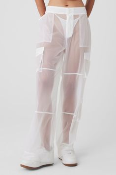 Sheer Effusion Cargo Wide Leg Trouser - White White Sheer Mesh Bottoms, Baggy High-waist Parachute Pants For Summer, Trendy Sheer Summer Bottoms, Trendy Sheer Bottoms For Spring, Sheer Trendy Bottoms For Summer, White Sheer Nylon Bottoms, Summer Streetwear Nylon Pants, Summer Nylon Streetwear Pants, White Nylon Pants For Spring