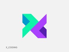 the letter x is made up of two intersecting shapes, one purple and one green