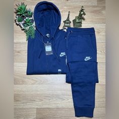 Unisex Zip Up Hoodie Jogger Set-Navy Blue Blue Winter Tracksuit Sportswear, Navy Hooded Sweatshirt With Pockets, Navy Sporty Sweatshirt With Pockets, Navy Long Sleeve Tracksuit In Athleisure Style, Navy Long Sleeve Tracksuit Athleisure, Nike Blue Sweats For Loungewear, Blue Tracksuit With Drawstring Hood For Winter, Blue Fleece Tracksuit With Long Sleeves, Nike Navy Sporty Sweatshirt