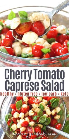 cherry tomato caprese salad in a glass bowl with a spoon