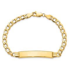 14k yellow gold polished cuban link ID bracelet. Measures approximately 3/16 of an inch in width and has a lobster clasp. 14k Gold Curb Chain Nameplate Jewelry, 14k Gold Rectangular Bracelet With Lobster Clasp, 14k Gold Tarnish Resistant Nameplate Bracelet, Classic Gold Name Bracelet With Curb Chain, Gold Nameplate Curb Chain Bracelet, 14k Gold Bracelet With Curb Chain Oval Link, 14k Gold Bracelet With Oval Link Curb Chain, Yellow Gold Bracelet With Curb Chain And Nameplate, Classic 14k Gold Cuban Link Bracelet With Curb Chain