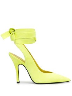 lemon yellow calf leather panelled design pointed toe wrap design 110mm high stiletto heel Yellow Heels With Wrapped Heel For Evening, Chic Yellow Heels With Wrapped Heel, Lemon Shoes, Ankle Pumps, Yellow Heels, The Attico, Airport Fashion, Iconic Bags, Summer Beach Wear