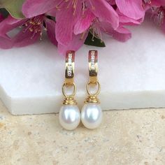 14KT Yellow Gold Channel Set Diamond + Pearl Charm Hoop Earrings - Legacy Saint Jewelry Saint Jewelry, Anniversary Wedding Band, Unusual Earrings, 2 Earrings, Earring Charms, Pearl Hoop Earrings, White Freshwater Pearl, Diamond Hoop Earrings, Pearl Charms