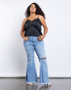 td {border: 1px solid #ccc;}br {mso-data-placement:same-cell;} Live out your 70's vibe dreams in the Curve Donna Flare Jeans! These high-waisted jeans are made from a soft, stretchy denim that has generous distressing and intentionally frayed hems. The jeans also feature real back pockets, decorative hip pockets, five functional belt loops, and a zipper fly. These jeans are super trendy right now, and we're loving the wide-leg look! Pair these with a colorful tee or tank and some low heels for a Chic Medium Wash Flare Jeans With Frayed Hem, Chic High Rise Flare Jeans With Frayed Hem, Chic Light Wash Cutoff Jeans, Chic Dark Wash Jeans With Frayed Hem, Trendy Cutoff Flare Jeans With Frayed Hem, Chic Ripped High Rise Flare Jeans, Chic High Rise Ripped Flare Jeans, Chic Flared Jeans With Frayed Hem, Summer Distressed Flare Jeans