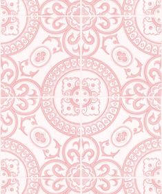 a pink and white wallpaper with an ornate design