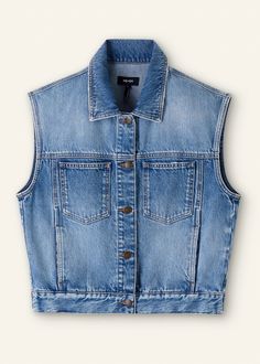 Authentic Denim Vest Mid Blue Wash Denim Gilet, Double Denim Looks, Ankle Sleeve, Clueless Outfits, Jeans Clothes, Portfolio Ideas, Now And Forever, Oversized Shirt, Denim Vest