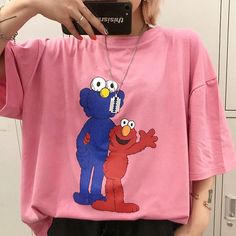 Cookie Monster and Elmo Printed Tee Cookie Monster And Elmo, Harajuku Clothes, Long Curly Wig, Harajuku Style, Tony Moly, Comfy Clothes, Pleated Shorts, Cap Hair, Cute Style