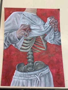 a painting of a man holding a skeleton in his right hand and wearing a white shirt