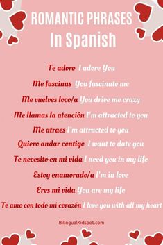 a pink background with hearts and the words romantic phrases in spanish