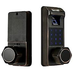 an electronic door lock with the keypad open and showing it's digital screen