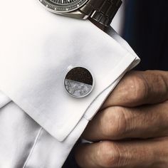 These genuine dinosaur bone and meteorite cuff links add a special flair to your wedding tuxedo or other special occasion wardrobe. The sparkling sterling silver cuff links are inlaid with a pair of unique materials from Earth and space! These unique suiting accessories make an extraordinary wedding gift for your husband-to-be, a unique memento for your groomsmen, or a special gift for you, your family and friends. In stock and ships in 1-3 business days. Also available made to order (current tu Gibeon Meteorite, Dinosaur Fossil, Meteorite Jewelry, Dinosaur Bones, Matching Wedding Bands, Silver Cufflinks, Sterling Silver Cuff, Cuff Links, Silver Cuff