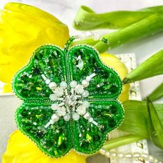 Clover Beaded Brooch, Handmade Embroidered Accessory Light - Inspire Uplift Damaged Clothes, Green Clover, Brooch Handmade, Toho Beads, Beaded Leaf, Leaf Brooch, Clover Green, Twisted Wire, Bugle Beads