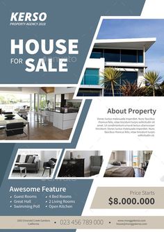 a flyer for a real estate sale with photos and text on the front, along with an image of a modern house