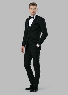 Black Notch Lapel Tuxedo | Menguin | Black Tuxedo Rental Dapper Tailored Tuxedo For Work, Dapper Tuxedo With Notch Lapel For Formal Work, Dapper Tuxedo With Notch Lapel For Work, Sleek Tailored Tuxedo For Party, Sleek Tailored Party Tuxedo, Sleek Fitted Tuxedo For Party, Tailored Tuxedo With Pressed Crease, Slim Fit Tuxedo For Black-tie Events, Slim Fit Tuxedo With Notch Lapel And Pressed Crease