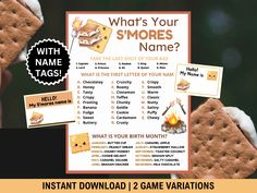 someone is holding up a game with some food on it and the words, what's your smores name?