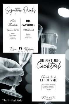 black and white wedding menus with champagne glasses in front of the menu card for signature drinks