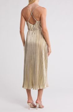 Make an elegant appearance in this metallic plissé midi dress tethered by slim criss-cross straps. Slips on over head V-neck Adjustable straps Lined 95% polyester, 5% spandex Hand wash, dry flat Imported Chic Gold Midi Dress For Date Night, Metallic Midi Cocktail Dress, Glamorous Metallic Midi Dress, Chic Metallic Dress With Spaghetti Straps, Gold Midi Dress With Spaghetti Straps For Summer, Elegant Gold Midi Dress With Spaghetti Straps, Gold Spaghetti Strap Midi Dress, Gold Spaghetti Strap Midi Dress For Summer, Metallic Midi Dress For Summer