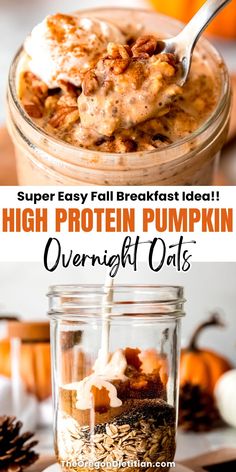 Craving a healthy fall breakfast idea that's quick & easy? These pumpkin overnight oats are packed with 27g of protein per serving, making them the perfect high-protein meal prep! Enjoy creamy oats mixed with pumpkin spice and chia seeds for a nutritious, filling start to your day. Ready in minutes, this recipe is ideal for busy mornings or post-workout fuel. Make a batch and have a week of delicious, protein-packed breakfasts ready! #easybreakfast #fallbreakfast Healthy Fall Breakfast, Pumpkin Protein Shake, Creamy Oats, Overnight Oats Recipe Easy, Pumpkin Overnight Oats, Healthy High Protein Breakfast, Best Overnight Oats Recipe, Protein Overnight Oats, Chia Overnight Oats