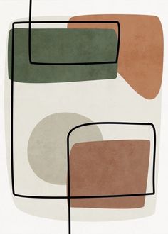 an abstract painting with lines and shapes in brown, green, beige and white colors