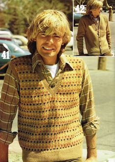 PDF men's knitting pattern. From 1981, a classic knitting pattern for a men's sweater vest and matching cardigan.  Please scroll through above pictures to find out more information on sizes, materials & needles used! Originally printed in England, instructions are in English only. Found the pattern you love but it's not in your size? Not to worry! Check out By Gum By Golly's series on her blog about resizing vintage patterns. - http://blog.bygumbygolly.com/2011/02/briar-rose-vintage-kal-resizing Vintage Knitwear Men, 60s And 70s Fashion Men, 1980s Fashion Mens, Mens Knitted Vest, 70s Sweater Vest, Knitting Patterns Sweater, Mens Vest Pattern, 1980s Mens Fashion, 60s Mens Fashion