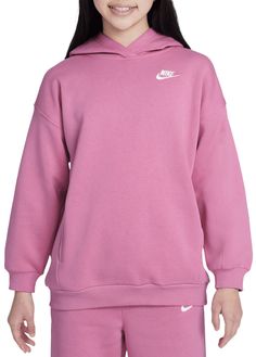 Fit and Design: Spacious hoodie offers a baggy fit that’s relaxed and casual without feeling too big Dropped shoulders Smooth on the outside, brushed on the inside This lightweight fleece is an easy layer for a little extra warmth Front pockets Embroidered Futura logo Additional Details: Machine wash Girls Sportswear, Nike Fleece, Pink Nike, Nikes Girl, Nike Sweater, Pink Nikes, Athletic Apparel, Athletic Outfits, Baggy Fits