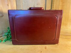 a brown leather suitcase sitting on top of a wooden floor next to a green plant