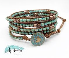 This Handcrafted Design Features Turquoise Picasso Finished Seed Beads Wrapped Between Two Brown Leather Cords. The Bracelet Can Wrap Around The Wrist Five Times And Is Secured With a Copper Heart Button Closure. The Ends Of The Bracelet's Leather Cords Are Knotted To Form Two Options For Securing The Button For Ease In Adjusting The Bracelet's Length. NOTE Please Keep In Mind That Due To Lighting Effects, Real Color May Slightly Different From Pictures Due To Computer Display Difference, I Can' Adjustable Beaded Turquoise Leather Bracelet, Adjustable Turquoise Beaded Leather Bracelet, Adjustable Beaded Turquoise Wrap Bracelet, Leather Wrap Bracelets, Beaded Leather Wraps, Beaded Leather Bracelet, Cheap Bracelets, Copper Heart, Heart Button