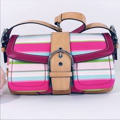 Rare, Retired Coach Hampton Stripe Handbag. Nwot! Registration - No L043-1886. Comes With Registration And Care Pamphlets. Vachetta Leather And Sateen Fabric. Bright Pink And Tan Leather At Handle, Base, Closure Strap And Trim. Pink, Blue, Lime And Cream Striped Sateen Fabric Body. Dark Green Khaki Interior. Logo Embossed Chrome Hardware. Logo Hangtag. Flap Closure W/Buckle And Snap. Two Exterior Pockets. Interior Zipper Pocket. Utility Pockets. Reversible, Adjustable Strap. L-11” W-3 1/2” H-6”. Flap Shoulder Bag With Branded Hardware For Shopping, Multicolor Top Handle Bag With Branded Hardware, Retro Rectangular Coach Shoulder Bag, Retro Leather Bags With Branded Hardware, Multicolor Travel Bags With Branded Hardware, Travel Bags With Branded Hardware In Multicolor, Multicolor Shoulder Bag With Branded Hardware For Everyday Use, Multicolor Rectangular Coach Shoulder Bag, Multicolor Coach Top Handle Shoulder Bag