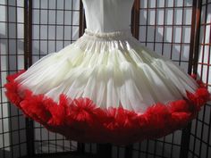 "This listing is for a custom version of the pictured super-full double layer nylon chiffon pettiskirt with satin waist. The pictured pettiskirt was designed for a 23\" (58,5cm) waist and is 19\" (48,5cm) long. It is displayed on a dress form with a 22\" (56cm) waist. You can choose any length up to 25\" (63,5cm) long. I will lengthen the tiers to achieve a longer length. The \"look\" of the pettiskirt becomes more A-line as I make it longer. If you would prefer this style in other colors or a s Red Chiffon, Polyester Satin, Dress Form, Red Ribbon, Long Length, Tulle Skirt, Custom Sizing, Womens Skirt, Chiffon