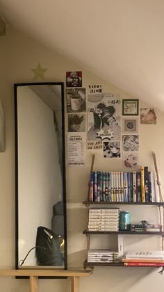 a room with a mirror, bookshelf and various items on the shelf in front of it