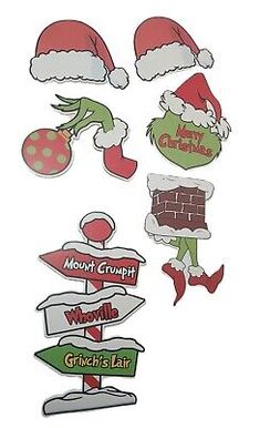 a bunch of christmas signs with santa hats on them