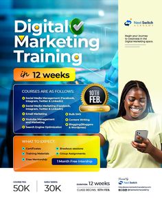 a woman is looking at her phone while standing in front of an advertisement for digital marketing training