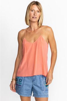 A statement in simplicity, the Etta Cami Top is the perfect addition to any wardrobe. Its luxurious silk blend allows this top to function as a stunning stand-alone piece or as a layering staple. Pair with a maxi skirt and espadrille sandals or layer with a denim jacket and palazzo pants for an easy casual vibe. Johnny Was Women's Etta Cami Top in Shell Pink, Size XS, Silk/Denim Silk Blouse For Summer Layering, Sleeveless Silk Top For Vacation, Chic Silk Spaghetti Straps Tops, Feminine Spring Camisole For Layering, Chic Silk Camisole Top, Chic Spring Camisole Blouse, Silk Beach Tops For Spring, Chic Viscose Tank Top For Summer, Chic Rayon Tops For Layering