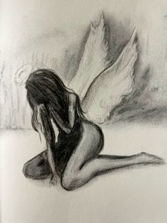 a drawing of a woman sitting on the ground with her head in her hands and wings behind her back