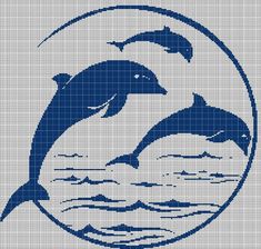 two dolphins jumping out of the water in a cross stitch pattern on a white background