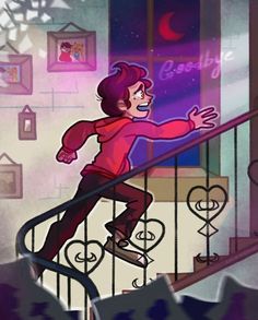 a cartoon character is climbing the stairs in front of an open window and reaching for something