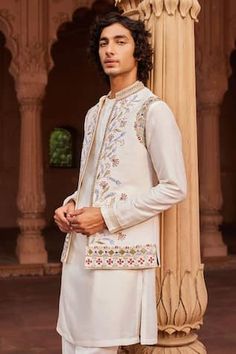 Ivory bundi with velvet applique, zardozi, cutdana, mirror embellishment. Paired with kurta and pant. - Aza Fashions Velvet Applique, Kurta Set Men, Nehru Jacket, Nehru Jackets, Kurta Set, Raw Silk, Mandarin Collar, Aza Fashion, Velvet