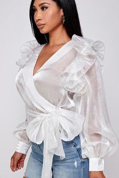 White Ruffle Surplice Blouse White Ruffle Shirt, Royal Closet, Surplice Blouse, Glitter Blouse, Feminine Blouses, Blouse Sale, Ruffle Shirt, Tie Bow, Beauty Bar