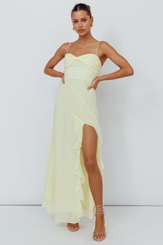 Shop the Jayna Ruffle Trim Split Dress Yellow | Selfie Leslie Chic Fitted Chiffon Dress With Ruffles, Fitted Chiffon Ruffle Dress With Ruffled Straps, Fitted Maxi Dress With Ruffled Straps For Bridesmaid, Flirty Chiffon Dress With Ruffled Straps, Summer Fitted Bridesmaid Ruffle Dress, Spring Bridesmaid Fitted Ruffle Dress, Summer Prom Dress With Split Design, Split Summer Prom Dress, Summer Draped Maxi Dress With Ruffles